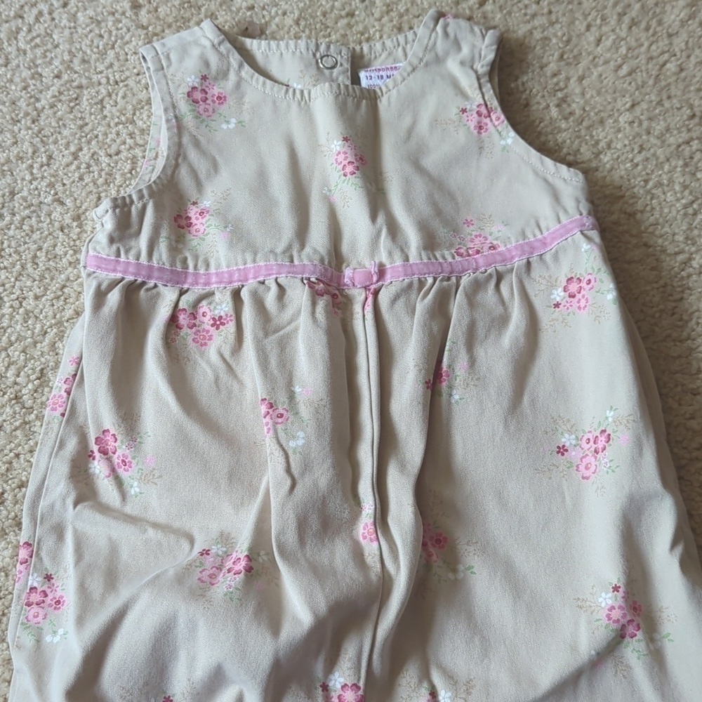 Gymboree Tan with Pink Floral Sleeveless Long Pants Jumpsuit Size 12-18 Months - Picture 2 of 7